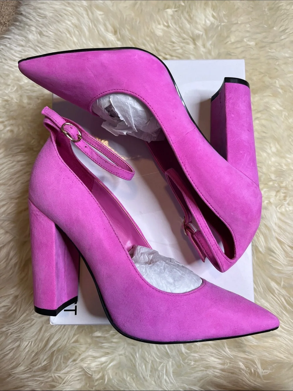 NIB Nine West Plana Pump Magenta Suede - Size 7 Barbie Block Heel Ankle Strap